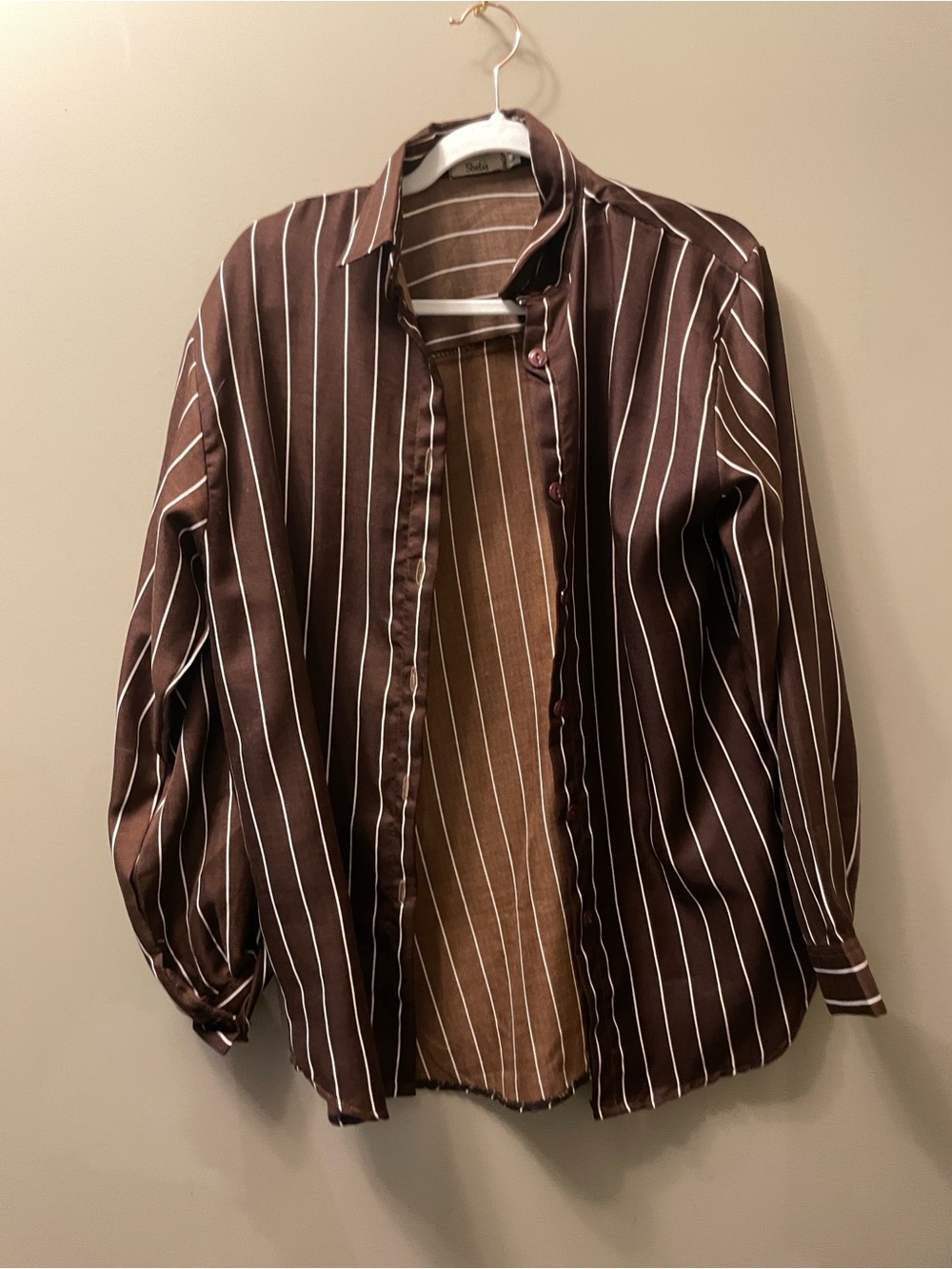 Brown and White Pinstripe Button Up top